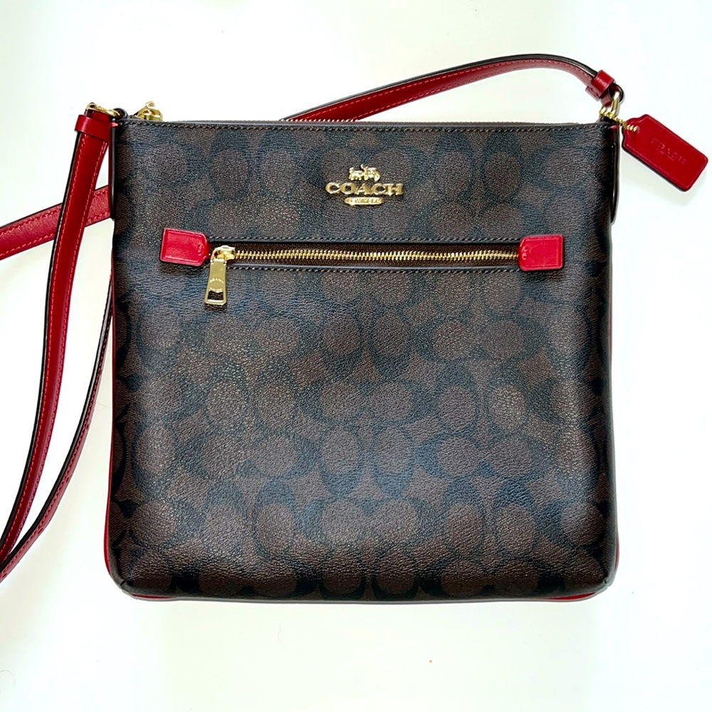 Coach Rowan File Bag Crossbody Signature Brown Red Women's